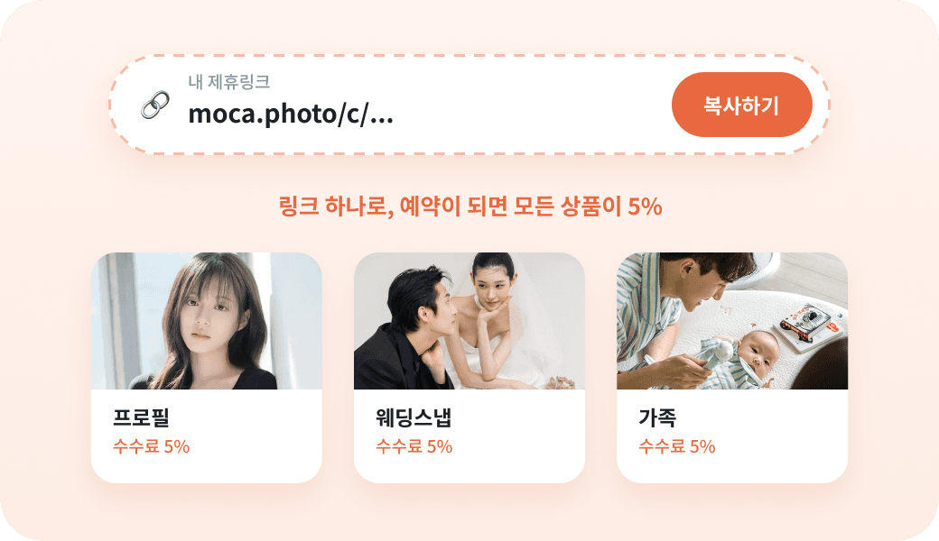 제휴 링크 하나로 프로필·웨딩스냅·가족 촬영 모두 5% 수수료가 적용되는 화면